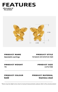 Macro view of gold butterfly stainless steel earrings with textured finish and dimensions