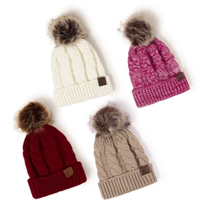 Winter knit beanies with faux fur pompom in multiple colors for thermal ear protection