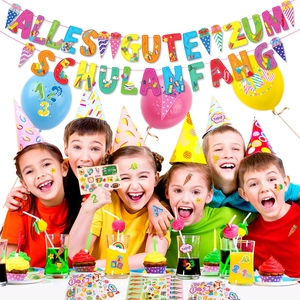 German school enrollment party set with banners balloons and colorful hats for kids