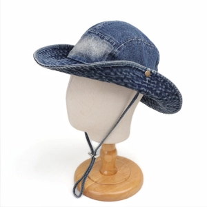 Chapeau Bob En Denim Lavé Rétro Avec Corde Coupe-Vent Réglable Chapeau De Pêcheur Protection Solaire Extérieur Style Japonais
