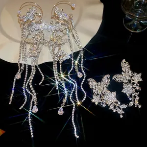 Elegant butterfly zircon tassel earrings and hair clip set with sparkling rhinestone finish
