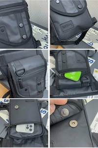 Vues détaillées d'une sacoche de cuisse tactique noire montrant poches et tissu durable