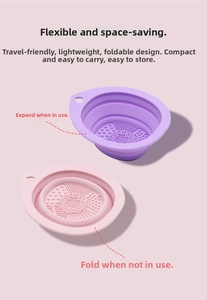 Collapsible silicone makeup brush cleaning bowl with textured pink and purple surfaces