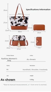 Size guide for a 4-piece printed PU leather handbag set with tote and crossbody dimensions