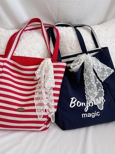 Striped and solid canvas tote bags with elegant white lace bows for daily casual use