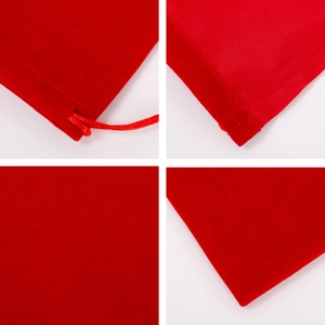 Detailed views of red velvet drawstring pouch showing stitching, texture, and cord closure