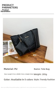 Detailed specs of black V-quilted PU tote bag with dimensions and small matching pouch