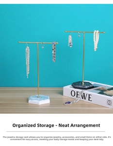 Dual T-bar gold metal jewelry stand with white and black marble bases for necklaces