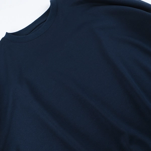 Close-up detail of dark blue crew neck sweatshirt showing fine knit fabric texture