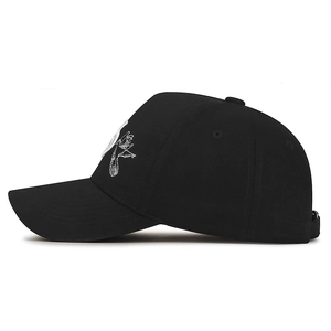 Black five-panel sports baseball cap with white dove and music note embroidery