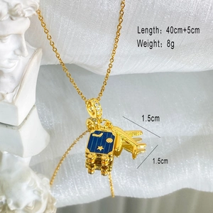 Detail of titanium steel gold airplane and blue suitcase pendant with travel theme charms