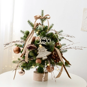 Mini champagne-themed luxury Christmas tree with LED lights and a rustic wooden base