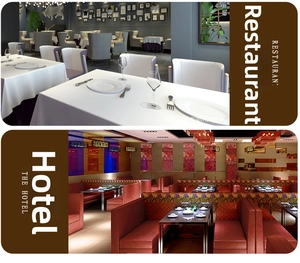Modern dining area layout featuring white melamine sauce dishes and luxury furniture