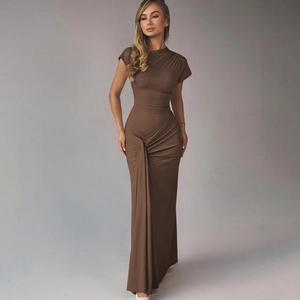 Detailed close-up of brown bodycon dress showing pleated waist knot and knit texture