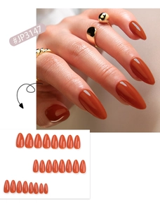 Glossy caramel brown almond shape press-on nails set with #JP3147 size variations