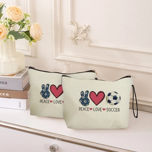 Cosmetic Bag Canvas Zippered Travel Storage Pouch Peace Love Soccer Gymnastics Sports Theme Portable Organiser