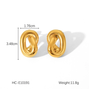Detailed technical diagram of 18K gold knot earrings with size and weight specs