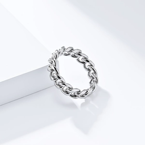 Polished silver cuban chain ring in minimalist stainless steel industrial style