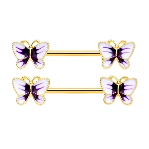Golden barbell nipple rings with purple and white enamel butterfly charms on white background