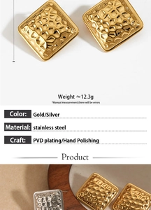Detailed macro view of square stainless steel earrings with hammer texture in gold and silver