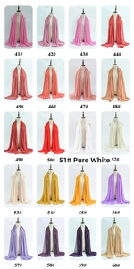 Detailed color swatches of 20 lightweight chiffon hijabs from 41 to 60 on white busts