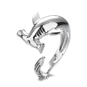 Minimalist hammerhead shark open ring in silver finish with polished stainless steel design