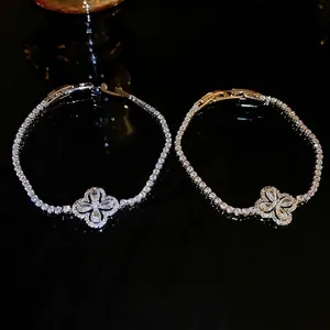 Bracelet Trèfle À Fleurs Cuivre Avec Incrustation De Zircon Plaqué Or Véritable Chaîne De Tennis Bijoux Élégants