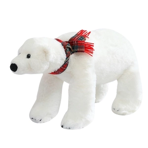 Realistic white polar bear plush toy with red and green plaid scarf in standing pose