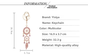 Detail view of pink rhinestone dreamcatcher keychain with rose gold alloy frame dimensions