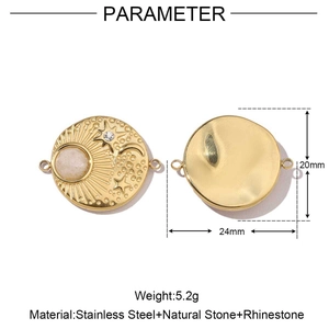 Detailed specs of sun moon star round connector in gold stainless steel with natural stone