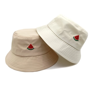 Set of beige and off-white cotton bucket hats with detailed watermelon embroidery
