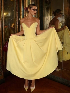Strapless Corset Maxi Dress For Women Elegant Backless Boning Satin Formal Evening Party Gown A-Line Pleated Flared
