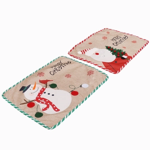 Christmas burlap placemats set featuring Santa Claus and Snowman with Merry Christmas text