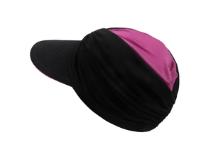 Close-up of flexible black and rose red sun visor hat with pleated fabric and wide brim