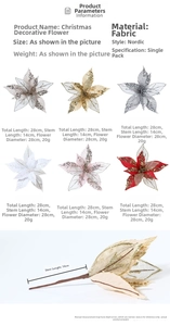 Detailed size specifications for 28cm sparkling fabric Christmas flowers in six colors