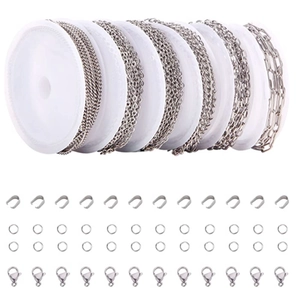DIY jewelry making kit with various silver stainless steel chains and lobster clasps