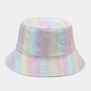 Detailed view of holographic iridescent bucket hat with vertical striped texture and shine