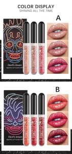 Macro view of punk style matte lip gloss set with devil and witch theme packaging