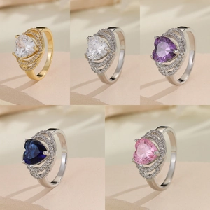 Copper heart ring set with colorful zircon stones in gold and silver finishes