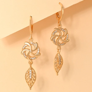 Champagne gold leaf drop earrings with sparkling zircon swirl design for elegant women