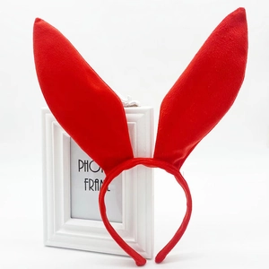 Cute red plush rabbit ear headband for women with non-slip design and soft velvet texture