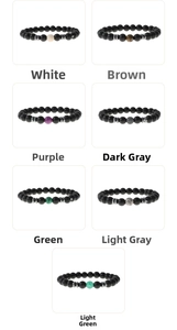 Detail display of 8mm natural stone beaded bracelets in seven distinct color variations