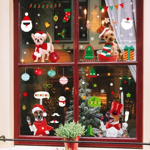 Christmas window stickers with dogs, Santa motifs, and snowflakes for glass door decoration