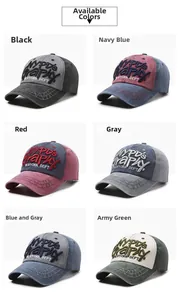 Detail shot of vintage washed cotton baseball caps with 3D embroidery in six colors