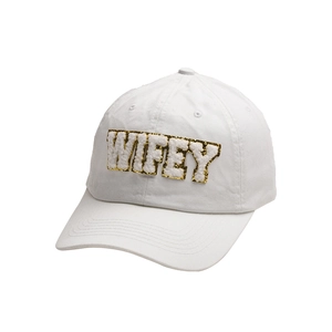 White cotton baseball cap with gold-edged WIFEY chenille embroidery on front