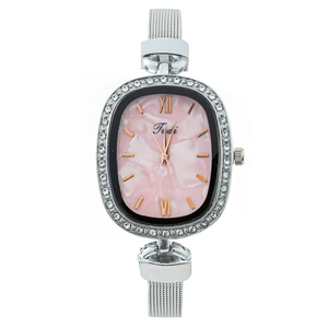 Elegant women's quartz watch with pink marble dial and silver Milanese mesh strap