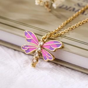 Exquisite 18K gold-plated dragonfly necklace with purple enamel and zircon inlay