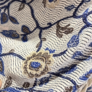 Close-up of blue and brown floral jacquard texture on warm core-spun yarn scarf