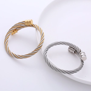 Minimalist double-layered twisted cable stainless steel bangles with polished finish