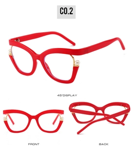 Detail of red cat-eye glasses with pearl accents and golden metal hinges from multiple angles